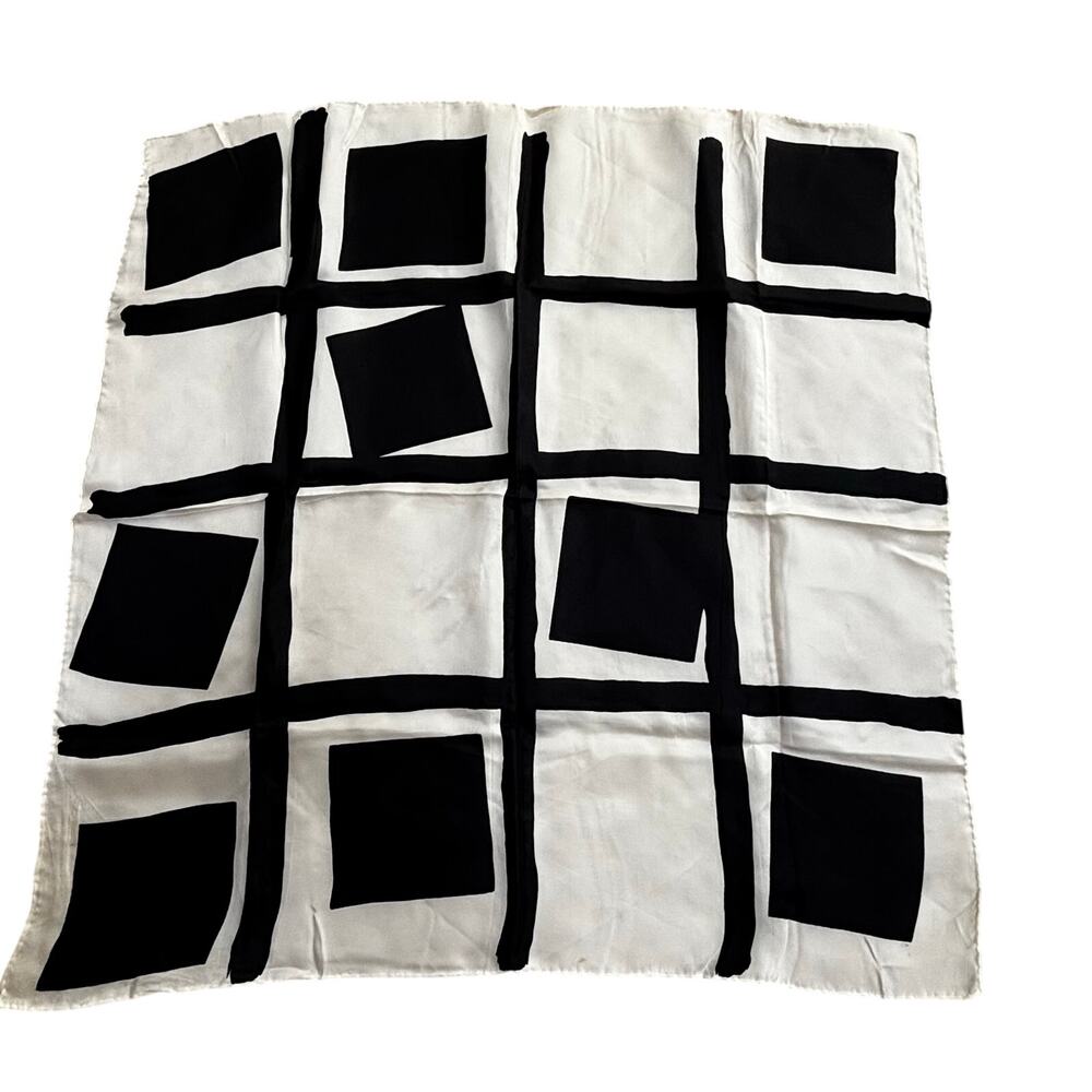 Vintage Sally Gee rayon & silk blend scarf black & white mod geometric square